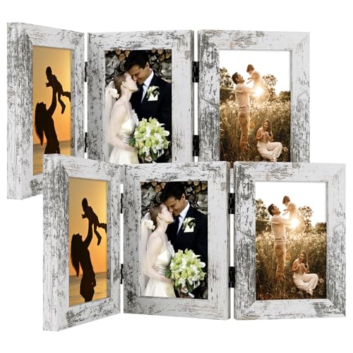 Golden State Art, 4x6 Triple Frame Distressed White- Real Glass, 2 Pack | Trifold Photo Frame Vertical Display for Desktop - Three Folding Picture Collage - color: Weathered White, size: 4x6(2 Pack)