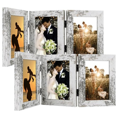 Golden State Art, 4x6 Triple Frame Distressed White- Real Glass, 2 Pack | Trifold Photo Frame Vertical Display for Desktop - Three Folding Picture Collage - color: Weathered White, size: 4x6(2 Pack)