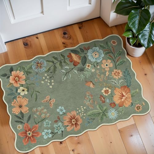 Lahome Floral Rugs for Entryway, 2X3 Washable Kitchen Rugs Ultra-Thin Soft Rug, Non Slip Indoor Door Mat Stain Resistant Boho Small Flore Throw Carpet for Bathroom Bedroom (2x3ft,Green) - color: Green, size: 2' x 3'(Rectangular)