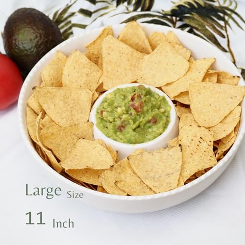 11'' Ceramic Chip and Dip Tray, Middle Size Divided Serving Set for Parties, Mixing Bowl Sets for Salsa, Snack, Veggies, Dumpling, Fruit, Salad, Fruit, Entertaining, Hosting, Ivory White