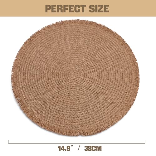 15 Inch Set of 6 Round Woven Placemats Braided Paper Heat Resistant Table Mats with Tassel Boho Indoor Outdoor Table Placemats for Dining Tables (Brown) - color: Brown