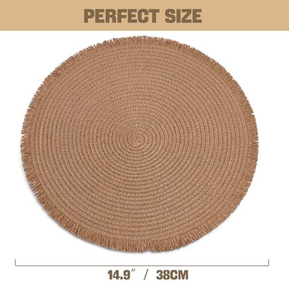 15 Inch Set of 6 Round Woven Placemats Braided Paper Heat Resistant Table Mats with Tassel Boho Indoor Outdoor Table Placemats for Dining Tables (Brown) - color: Brown