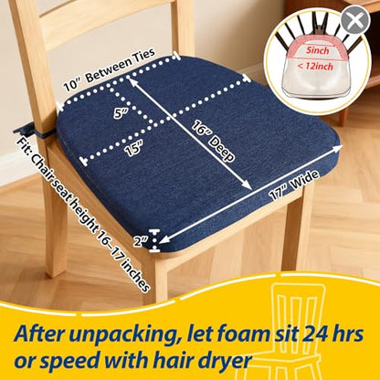 AAAAAcessories D-Shaped Chair Cushions, 2" Thick Dining Chair Pads with Ties and Removable, Machine-Washable Cover, 17" x 16", Set of 6, Blue - color: Blue, size: 6 Count(Pack of 1)