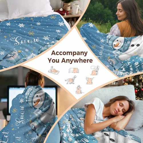 Blue Snowman Throw Blanket, Let Snow Christmas Super Soft Warm Flannel Blankets for Bed Couch Sofa Pine Trees Bird Winter Snow Scene Animal Lightweight Fluffy Plush Bed Throws 50x60 Inch - color: Blue White, size: 50''x60''