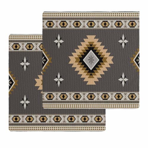 Khaki Southwest Dish Towels Waffle Kitchen Towels Set, Absorbent Quick Drying Towel Cleaning Abstract Western Boho Tribe Geometric Hand Towels for Bathroom 2 Pack Dish Cloths 12"x12" - color: Classickon4120, size: 2PCS-12x12in