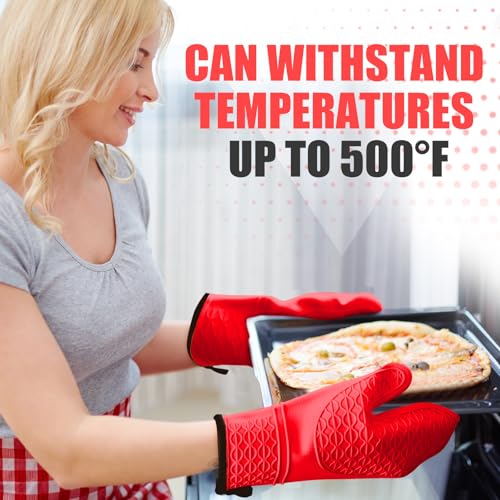 Silicone Oven Mitts, Heat Resistant 2PCS Oven Mitts with Soft Cotton Lining, Waterproof Non-Slip Grip Oven Glove, Kitchen Potholder Mits for BBQ, Baking, Cooking, 12.5 Inch - Red - color: Red