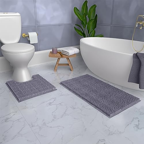 Bathroom Rugs Sets 2 Piece, Luxury Chenille Bath Mat Set, Soft Plush Anti-Slip Bath Rug + U-Shaped Toilet Mat. Microfiber Shaggy Carpet, Super Absorbent (24” x 36” & 20” x 24” U, Dark Grey) - color: Grey, size: 2 Piece Set - Large