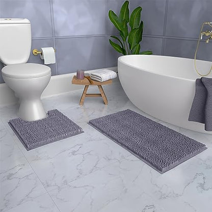 Bathroom Rugs Sets 2 Piece, Luxury Chenille Bath Mat Set, Soft Plush Anti-Slip Bath Rug + U-Shaped Toilet Mat. Microfiber Shaggy Carpet, Super Absorbent (24” x 36” & 20” x 24” U, Dark Grey) - color: Grey, size: 2 Piece Set - Large