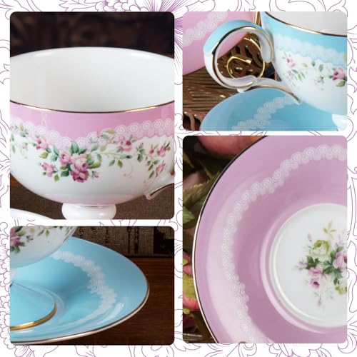 KAMMAK Tea Cups Set of 2,Ceramic Floral Pattern Demitasse Cup | Porcelain Espresso Cup with Saucer, 6.52 oz Handmade Elegant Bone China Tea Cups for Latte, Americano, Cappuccino - color: Beautiful in Pink (Light Pink + Light Blue)