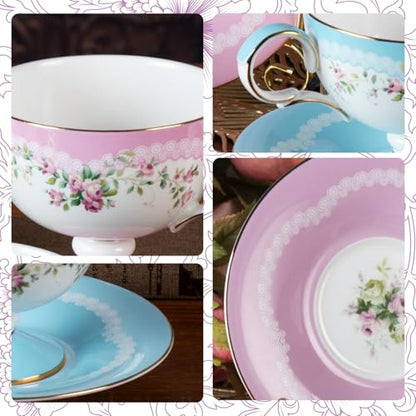 KAMMAK Tea Cups Set of 2,Ceramic Floral Pattern Demitasse Cup | Porcelain Espresso Cup with Saucer, 6.52 oz Handmade Elegant Bone China Tea Cups for Latte, Americano, Cappuccino - color: Beautiful in Pink (Light Pink + Light Blue)