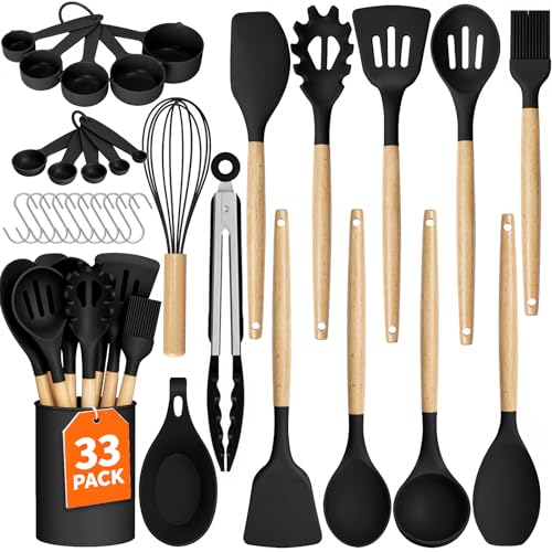 33Pcs Kitchen Utensils Set Silicone Cooking Utensils Set with Wooden Handle | Heat-Resistant, Dishwasher Safe, BPA-Free Silicone Kitchen Utensil Set with Wooden Handles & Holder for Nonstick Cookware - color: Black