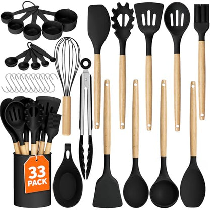 33Pcs Kitchen Utensils Set Silicone Cooking Utensils Set with Wooden Handle | Heat-Resistant, Dishwasher Safe, BPA-Free Silicone Kitchen Utensil Set with Wooden Handles & Holder for Nonstick Cookware - color: Black