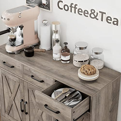 HOSTACK Kitchen Buffet Cabinet with Storage, Sideboard Coffee Bar, Grey | Farmhouse Kitchen Storage Cabinet with 3 Drawers & Adjustable Shelf, 42.5"W Buffet Table for Dining Living Room, White - color: Ash Grey