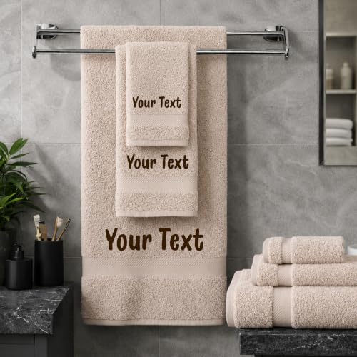 Personalized Towel Set, Custom Bath Towels with Name, Turkish Cotton Beige | 3 Pcs Set, 100% Cotton, Embroidered, Monogrammed, Customized Gift For Adults, Wedding, Bridal Shower, Housewarming, Spa - color: Beige, size: 3 Piece Towel Set