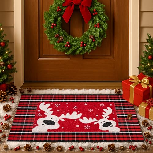 2-Piece Christmas Door Mat Combo Set - Reindeer Coir Doormat 17"x30" + Red Black White Check Rug 28"x43", Layered Front Door Decor for Porch/Entryway, Natural Coir with PVC Backing - color: Red Black White Plaid + Reindeer