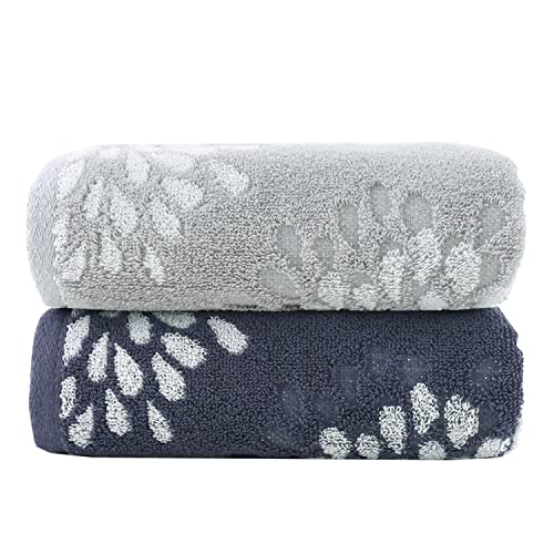 Hand Towels Set of 2 Hydrangea Floral Pattern 100% Cotton Absorbent Soft Decorative Towel for Bathroom (Light Grey & Denim Blue) - color: Light Grey & Denim Blue