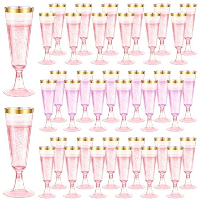 100 Pack Pink Plastic Champagne Flutes with Gold Rim, 5.5 Oz Clear Disposable Plastic Champagne Glasses, Wine Glasses Cups for Wedding Celebration Birthday Party Wine Tasting New Years Eve Supplies - color: Gold Rim Pink, size: 100-Pack