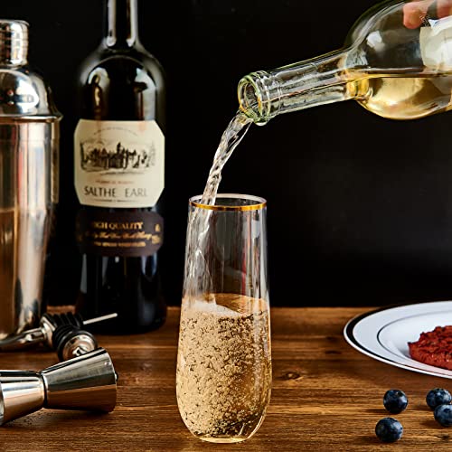 FOCUSLINE 24 Pack 9 Oz Plastic Stemless Gold Rim Champagne Flutes, Heavy Duty, Shatterproof, Disposable & Reusable Crystal Clear Toasting Glasses - color: Gold Rim Plastic Champagne Flutes