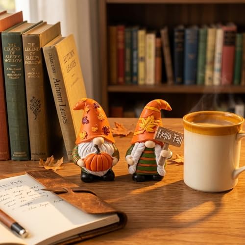 Cute 2 PCS Gnomes Statues Decor, Resin Figurines and Sculpture Décor, for Indoor Outdoor Yard Lawn Garden Home Patio Farmhouse Kitchen Table Decoration(Pumpkin and Fall) - style: Pumpking & "Hello Fall" Sign-Holding
