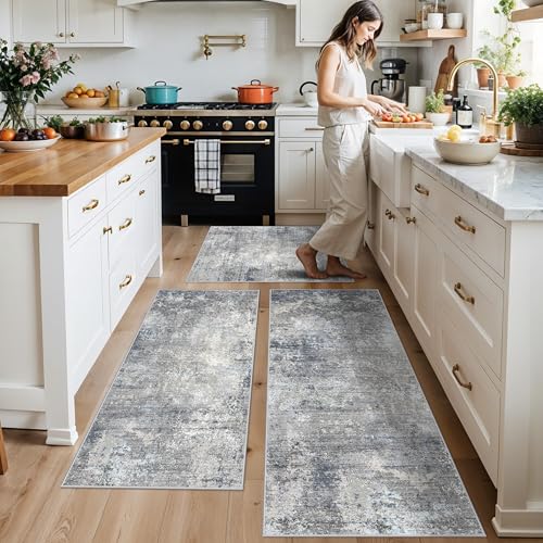 Kitchen Rug Set 3 Piece – Washable Non Slip Runner and Mat Set for Floor Entryway Bathroom Hallway – Soft Low Pile Modern Abstract Neutral Small Rugs (Blue Grey,2x3+2x4+2x5) - color: Blue Gray, size: 2x3+2x4+2x5