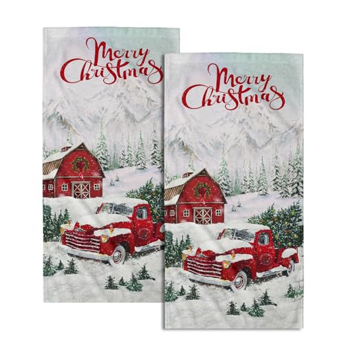 Giwawa Merry Christmas Hand Towels Set of 2 Red Truck Face Guest Towel Xmas Holiday Decorative Soft Fingertip Towel for Bathroom Kitchen Yoga Gym - color: Christmas Red Truck