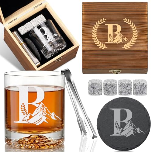 Personalized Whiskey Glass Gift Set for Men – Monogrammed Initial Rocks Glass with Slate Coaster, Wooden Box & Whiskey Stones, Birthday Father's Day for Him Dad Husband (B) - style: B