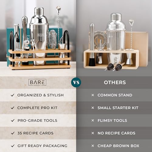 BARE BARREL® Mixology Bartender Kit Bar Set | 14-Piece Cocktail Shaker Set | Martini Barware Mixing Tools for Home Bartending | 35 Recipe Cards | Gift Set (24oz Cobbler Shaker, Silver/Natural) - color: Silver/Natural