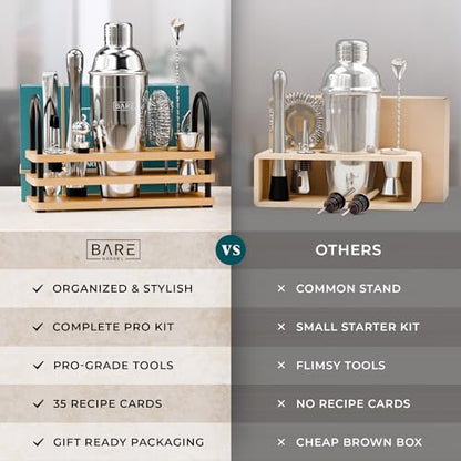 BARE BARREL® Mixology Bartender Kit Bar Set | 14-Piece Cocktail Shaker Set | Martini Barware Mixing Tools for Home Bartending | 35 Recipe Cards | Gift Set (24oz Cobbler Shaker, Silver/Natural) - color: Silver/Natural