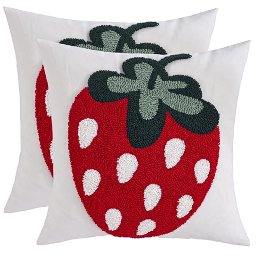 Embroidered Throw Pillow Covers 18x18 Pack of 2 Red Strawberry | Durable Fabric,Decorative Pillow Covers,Boho Decor,Hidden Zipper,Aesthetic Design,Ideal Gift,Machine Washable - color: Red Strawberry