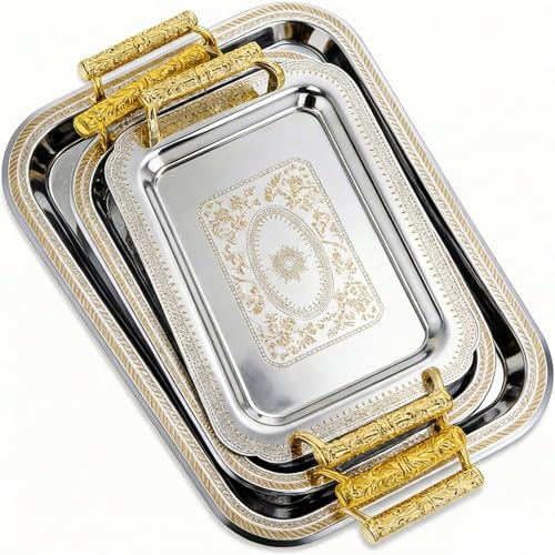 3 Pack Metal Serving Trays with Handles, Decorative Floral Platter Trays for Coffee Tea, Food, Dessert, Jewelry, for Buffet Wedding Party Kitchen Home Decor (Rectangle,Silver, Gold) - color: Silver, Gold, style: Rectangle