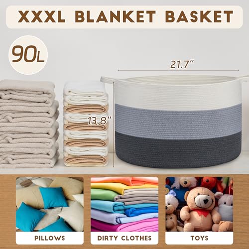 XXXLarge Woven Cotton Rope Basket (21.7" x 13.8") 90L – Blanket Basket for Living Room, Laundry Hamper, Baby Laundry Hamper, Toy Storage, Pillows & Cushions Organizer (White & Blue) - color: White & Blue