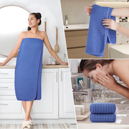 POLYTE 430 GSM Poly Blend Microfiber Quick Dry Waffle Bath Towel Set of 6 | 2-Body Towels, 2-Hand Towels, 2-Wash cloths, Oversize, Lint Free - color: Royal Blue