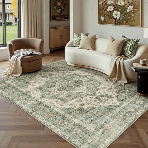 6x9 Green Retro Floral Washable Area Rug for Living Room | Low Pile, Non Slip, Vintage Distressed, Soft Indoor Rug for Living Room, Bedroom, Dining Room, Office, Home Decor - color: B| Green, size: 6' x 9' (Rectangular)