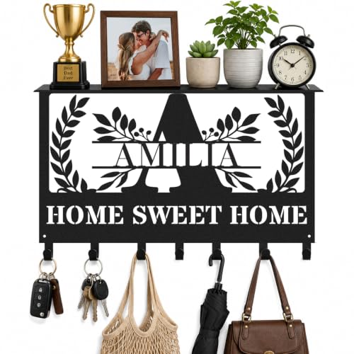 Personalized Key Holder with Shelf, Coat Rack for Family | Custom Name Key Rack Organizer for Office Front Door, Bag Holder Wall Mount for Parents, Housewarming Gift - color: Color 08
