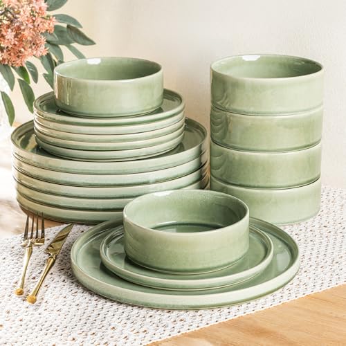 AmorArc Ceramic Dinnerware Sets for 6,18 Piece Plates and Bowls Sets Dishes | Stoneware Handmade Reactive Glaze Dishes Set | Highly Chip and Crack Resistant | Dishwasher & Microwave Safe - color: Oliver Green, size: Service for 6