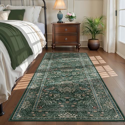 2'6"x8' Washable Runner Rug Foldable Area Rug for Hallway Green Blue | Soft Low-Pile Throw Carpet,Non-Slip Distressed Botanical Birds Entry Rug,Stain-Resistant Kitchen Rug for Bedroom Bathroom - color: Dark Green (Larger Pattern), size: 2.6' x 8' (Runner)