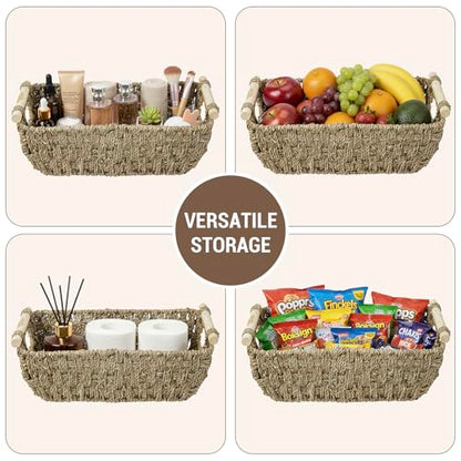 MyGift Hand-Woven Seagrass Bathroom Hand Towel Holder Basket with Wooden Handle, Rustic Countertop Storage Organizer for Towels & Toiletries