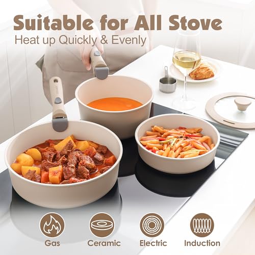 SENSARTE 17 Piece Ceramic Detachable Handle Pots and Pans Set Almond Beige | Ceramic Cookware Set, Induction Cookware Set with Removable Handle, Healthy Non Stick for RV, Dishwasher ＆ Oven Safe - color: Almond Beige, size: 17 Piece