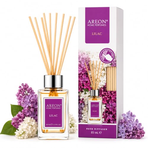 Areon Home Luxury Perfume Reed Diffuser + 10 Rattan Reeds, Lilac Scent 85ml | Luxury Reed Diffuser Suitable for Bedrooms, Living Rooms, Bathrooms, Offices, Entryways, and Other Indoor Spaces. - color: Lilac, size: 85ml