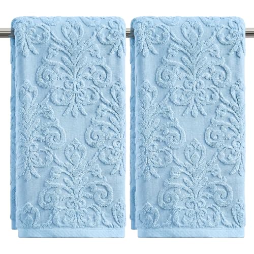 Artoid Mode 2 Pcs Light Blue 3D Vintage Floral Hand Towels for Bathroom, 100% Cotton Soft Absorbent Bathroom Decor Towels, 13.7 x 29.5 Inch - color: Light Blue, size: 13.7" x 29.5", 2PCS