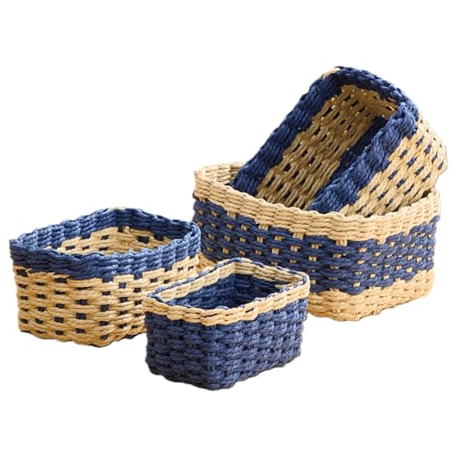 4PCS Woven Storage Baskets Set, Small Baskets for Organizing, Square Handwoven Paper Rope Organizer Bins for Shelves and Home Storage (Natural & Navy) - color: Natural & Navy