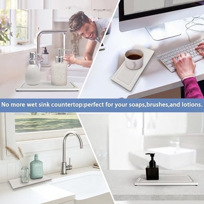 2 PCS Water Absorbing Stone Trays for Bathroom Sink Fast Drying Coasters | 11" X 4.7", Vanity Tray, Diatomaceous Earth Mat, Hand Soap Holder with Anti-Skid Feet, Kitchen Counter, Sink Caddy Organizer - color: 11" X 4.7" White