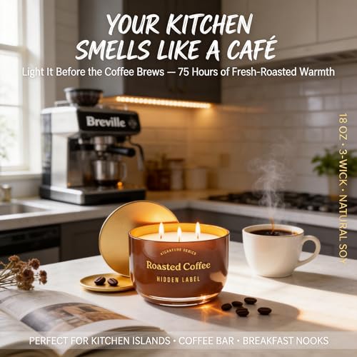 Hidden Label Roasted Coffee Candle, 18oz 3-Wick Soy Wax, 75H Aromatherapy | Long Lasting Burn | Strong Hot & Cold Throw | Non Toxic Plant Based | Kitchen & Office Decor | Gift Ready - color: Roasted Coffee