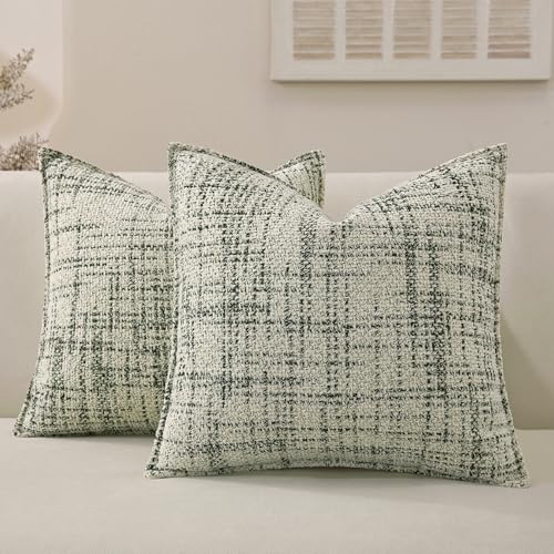 Chenille Throw Pillow Covers 20x20 Set of 2, Thick Soft Tweed Textured Decorative Boho Pillow Covers with Elegant Design for Couch, Sofa, Living Room, Green - color: Green, size: 20" x 20" (Pack of 2)