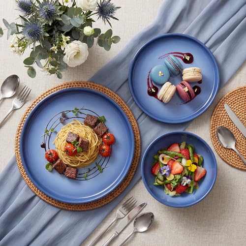 SMIRLY Stoneware Dinnerware Set for 4, 12 pcs Plates and Bowls Set, Blue | Chip and Scratch Resistant, Microwave, Dishwasher & Oven Safe, Non Toxic Plates Set, Ceramic Dish Set for Everyday Meal - color: Blue