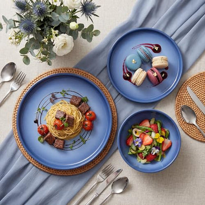 SMIRLY Stoneware Dinnerware Set for 4, 12 pcs Plates and Bowls Set, Blue | Chip and Scratch Resistant, Microwave, Dishwasher & Oven Safe, Non Toxic Plates Set, Ceramic Dish Set for Everyday Meal - color: Blue