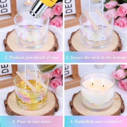 CONNOO 8 Pack 12 oz Iridescent Glass Wide Mouth Candle Jars | For Making Candles, Airtight Bamboo Lids, Sticky Warning Labels, Empty Container Bulk, Dishwasher Safe - color: Iridescent