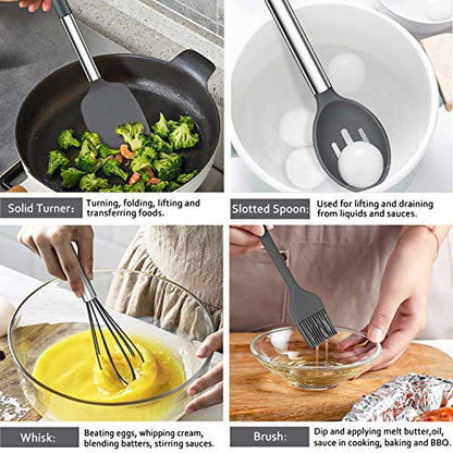 LIANYU 43 Pcs Kitchen Cooking Utensils Set, Silicone Cooking Utensils Spatula Set with Holder, Heat Resistant Kitchen Gadgets Tools for Nonstick Cookware Set, Stainless Steel Handle, Grey - color: Gray