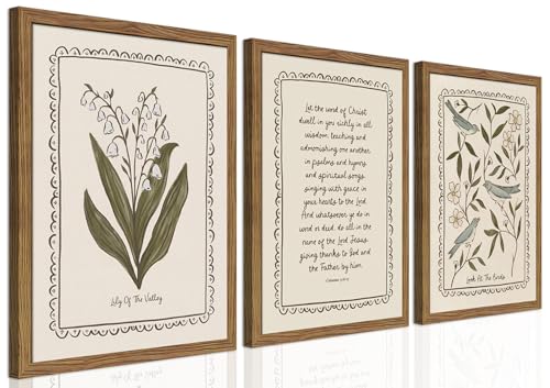 Framed Vintage Botanical Wall Art Set of 3, Lily of the Valley and Bird Nature Canvas Prints, Bible Verse Scripture Quote Artwork, Rustic Farmhouse Wall Decor for Living Room Bedroom Study 12x16in - color: Nature and the Bible, size: 16"L x 12"W