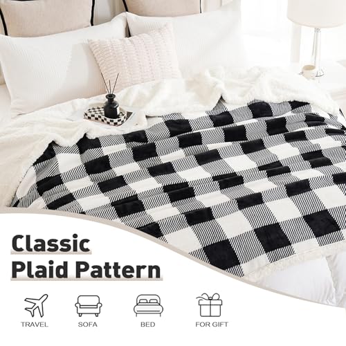 PU MEI Sherpa Fleece Throw Blanket 60" x 80" Reversible Plush Fluffy Large Big Blanket Lattice Flannel Blankets for All Season Use, Black and White - color: Black and White, size: 60"*80"